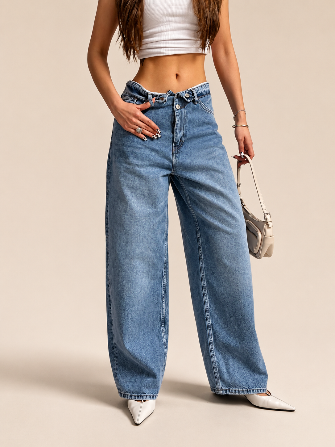 Folded Waist Wide-Leg Jeans WX-D-366