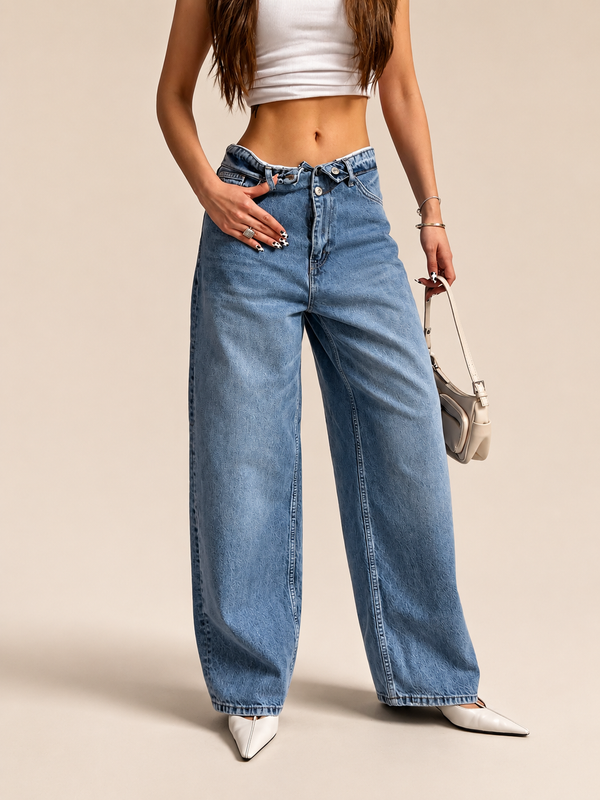 Folded Waist Wide-Leg Jeans WX-D-366